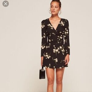 Reformation Black Floral Long Sleeve Wrap Mini Dress V-Neck Back Tie Small